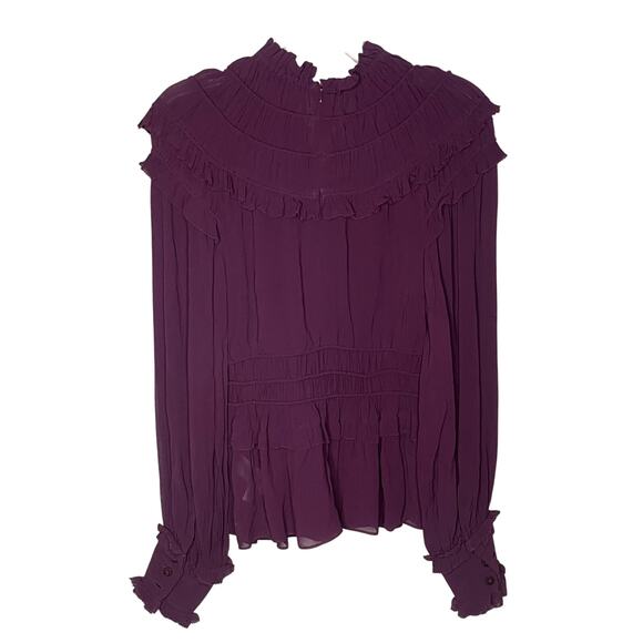 Farm Rio Ruffle High Neck Chiffon Burgundy Blouse XS - Picture 10 of 15